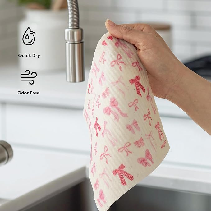 RECYCO Swedish Dishcloths for Kitchen | 6 Packs Lovely Bows Washable Dish Rags | Cellulose Reusable Cleaning Paper Towels | Absorbent Counter Dish Cloth Sponge Kitchen Wipes, 8" L x 7" W