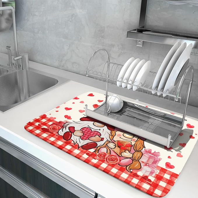 Love Gnome Dish Drying Mat 18"x24" Red Heart Microfiber Dish Drainer Rack Mat Holiday Absorbent Dishes Pad for Kitchen Counter Sink Decor