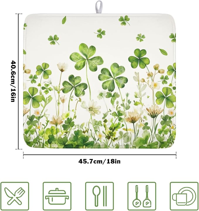 St Patrick's Day Green Clover Dish Drying Mat 16x18 Inch | Shamrock，Polyester，Absorbent Microfiber，for Kitchen Coffee Dining Bar Decor