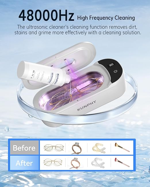 KUNPHY 48kHz Ultrasonic Jewelry Cleaner, Ultrasonic Cleaner | 2026 Upgraded Design, 400ml Tank, 2 Digital Timers, Touch Operation, for Eyeglasses Watches Silver Gold Diamond Rings