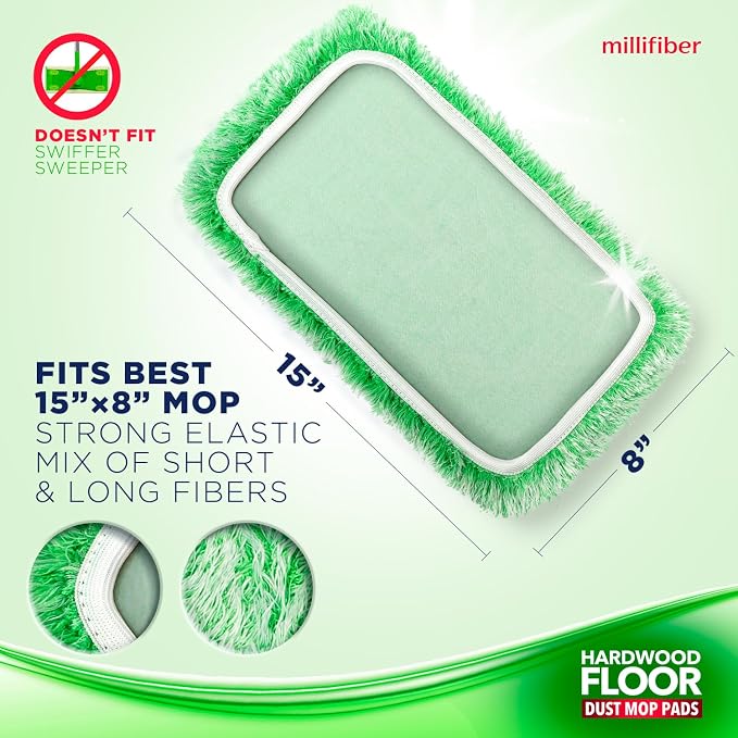 Millifiber Floor Duster Refills 15x8 Inches, 3-Pack (Mop Not Included) | Reusable microfiber duster covers, replacement heads, hair & dust mopping cloths