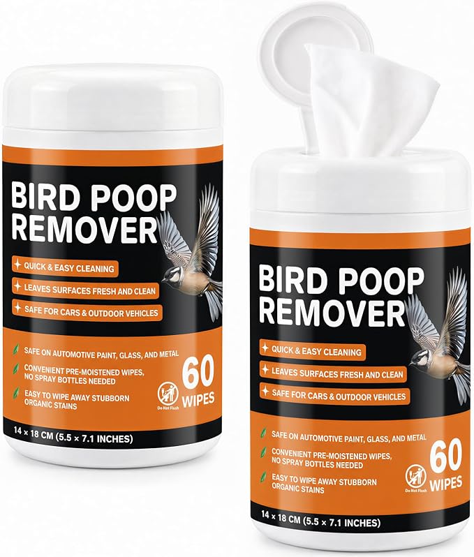 Bird Poop Remover Wipes, 2 Pack, 120 Wipes Total | Car Cleaning Wipes for Bird Droppings, Bird Poop Cleaner Safe for Automotive Paint, Glass, Trucks, RVs & Outdoor Vehicles