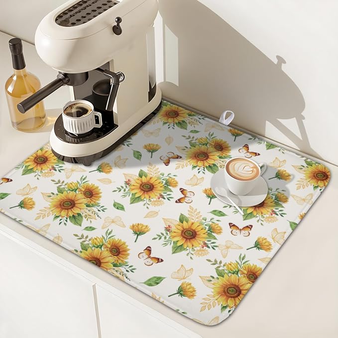 Sunflower Dish Drying Mat for Kitchen Counter Summer Yellow Floral Microfiber Dish Drainer Mat Rustic Farmhouse Absorbent Washable Drying Pad 16"x18"