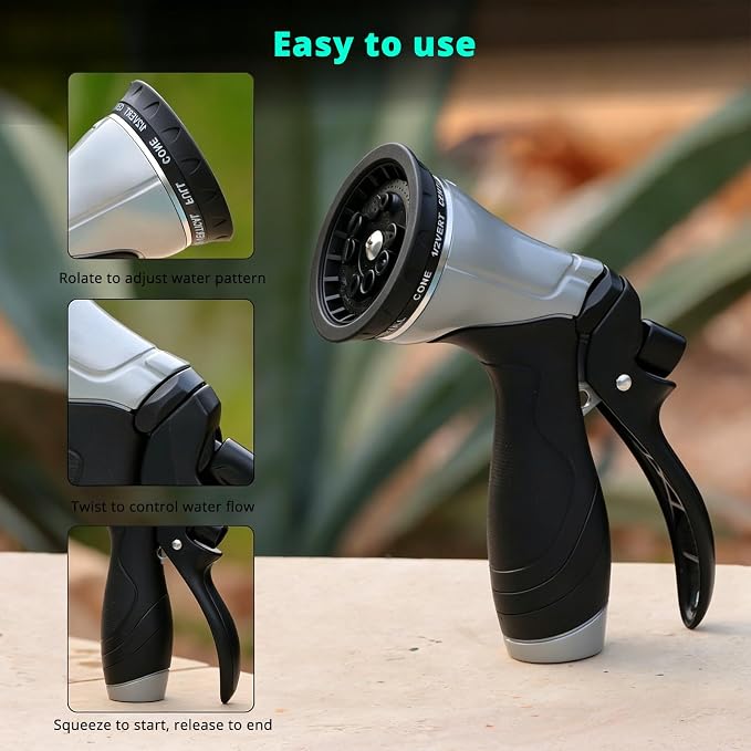 QUOBAS Metal Garden Hose Nozzle, Heavy Duty Water Hose Sprayer, Leak Proof | 10 Pattern Water Nozzle with Rubber Gasket, Garden Sprayer for Watering Plants, Washing Cars, Pet Shower, Black