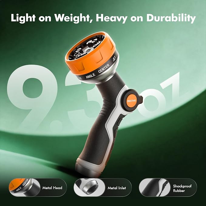 RESTMO 10-in-1 Water Hose Nozzle, Garden Hose Sprayer for Outdoor | 10 Spray Patterns, Lightweight, Thumb Control for Flow Adjustment, Ideal for Watering Plants & Lawns, Cars & Pets, Orange
