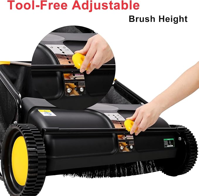 26" Hand-Push Lawn Sweeper | 4 Heavy-Duty Brushes & Wheels, Adjustable Height, 3.5 FT Large Hopper | for Efficient Leaf and Grass Collection in Lawns, Yards, Gardens (Black+26 Inch)