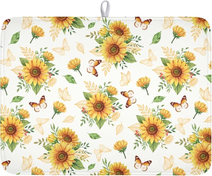 Sunflower Dish Drying Mat for Kitchen Counter Summer Yellow Floral Microfiber Dish Drainer Mat Rustic Farmhouse Absorbent Washable Drying Pad Extra Large 18"x24"