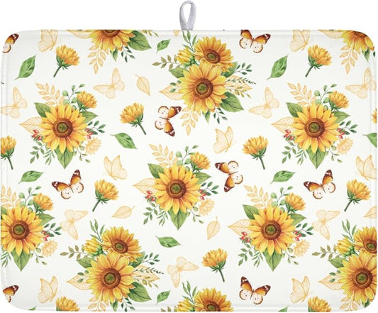 Sunflower Dish Drying Mat for Kitchen Counter Summer Yellow Floral Microfiber Dish Drainer Mat Rustic Farmhouse Absorbent Washable Drying Pad Extra Large 18"x24"