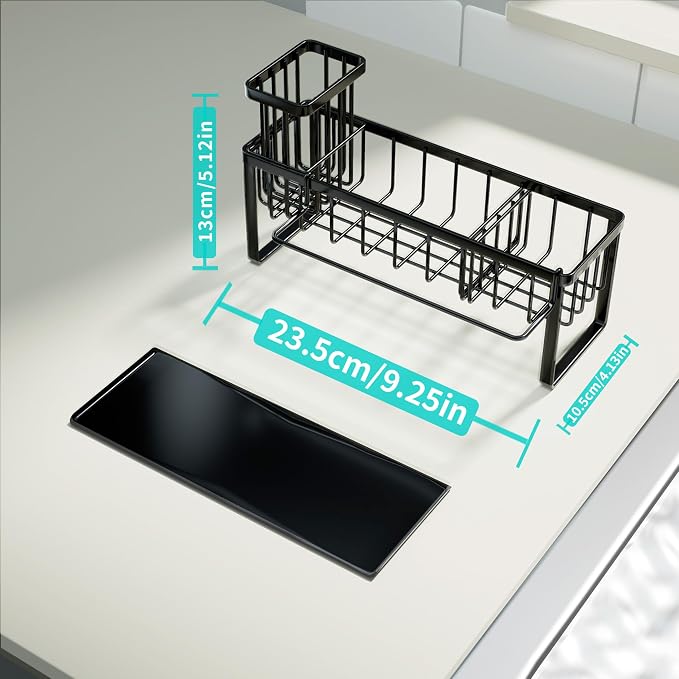 HapiRm Sponge Holder for Kitchen Sink - Self-draining Sink Caddy with Brush and Dishcloth Holders with Sloping Drainage - Black