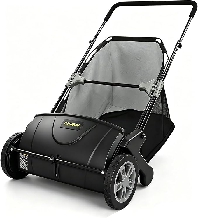 Push Lawn Sweeper, 21-Inch Width, 3.5 Cu. Ft. Hopper Capacity, 4 Spinning Brushes, Adjustable Height, Durable Steel Frame with Rubber Wheels, Black