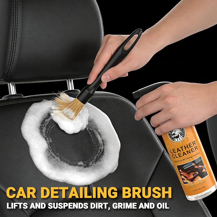 Car Leather Cleaner and Conditioner Kit, Leather Care Cleaning Kit with Horse Hair Cleaning Brush - Safe for Car Interiors, Furniture, Boots, Bags & Apparel - Deep Cleaning, Non-Greasy Restorer