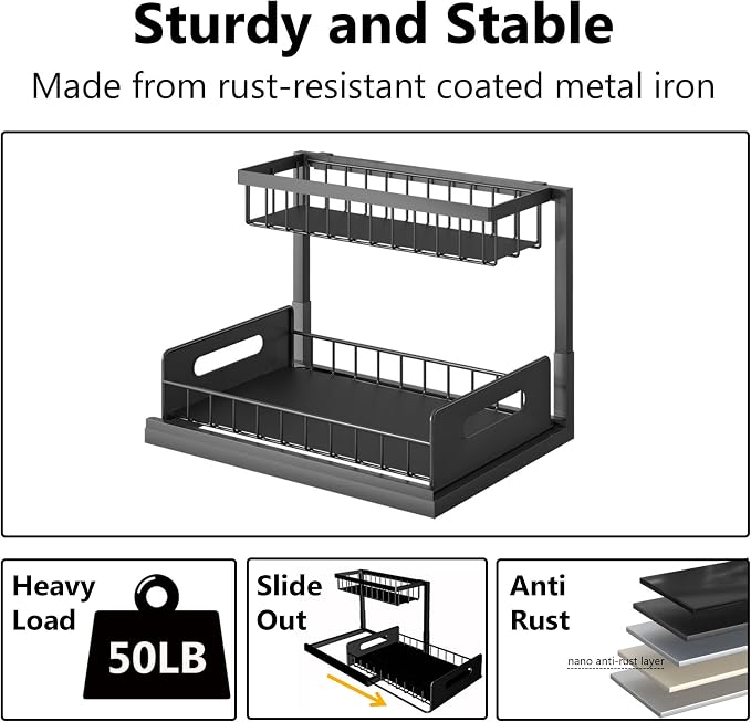 Ceetug Slide Out Under Sink Organizers and Storage, Black, 1 Pack | 2 Tier, Sturdy Metal, Cabinet Organizer, for Kitchen Bathroom