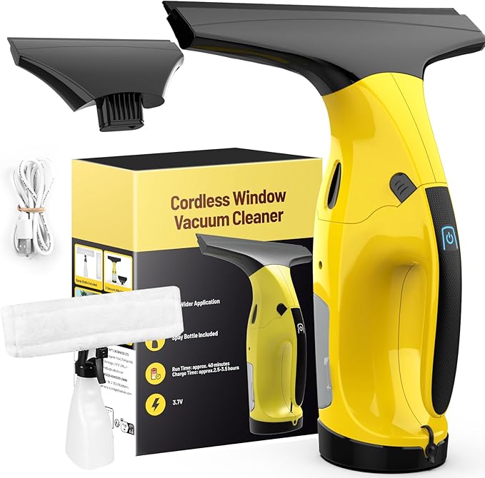 Kiato Window Vacuum Squeegee Cordless, Electric Window Vacuum Cleaner with 2 X Squeegee (11”+ 6.7”), Rechargeable Window Vac for Windows, Tiles, Mirrors, Showers, Glass, 2200mA, WC09