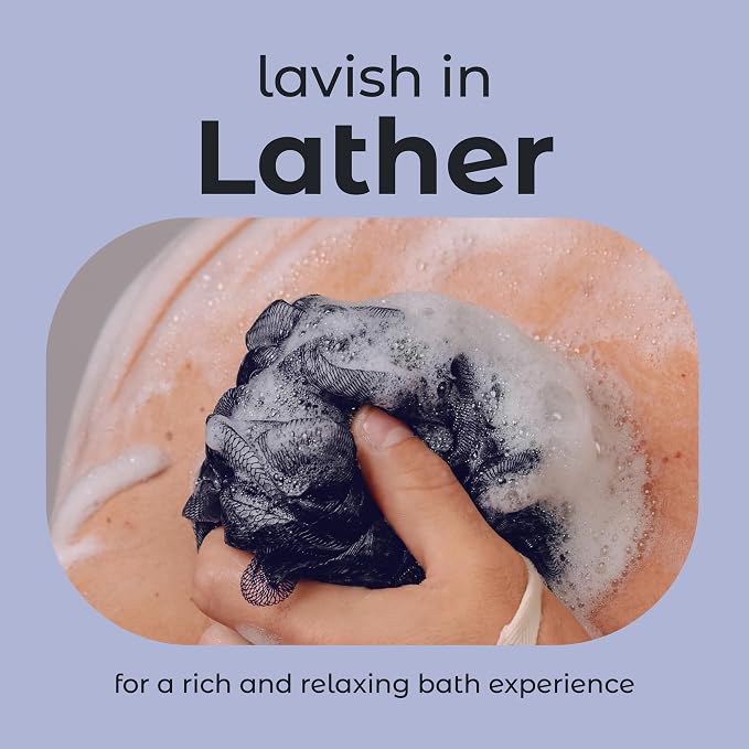 MainBasics Shower Loofah Sponge Pouf, Set of 3, Black Ice | Soft Mesh Body Scrubber and Bath Sponge for Gentle Exfoliation, Rich Lather, and Everyday Shower Use