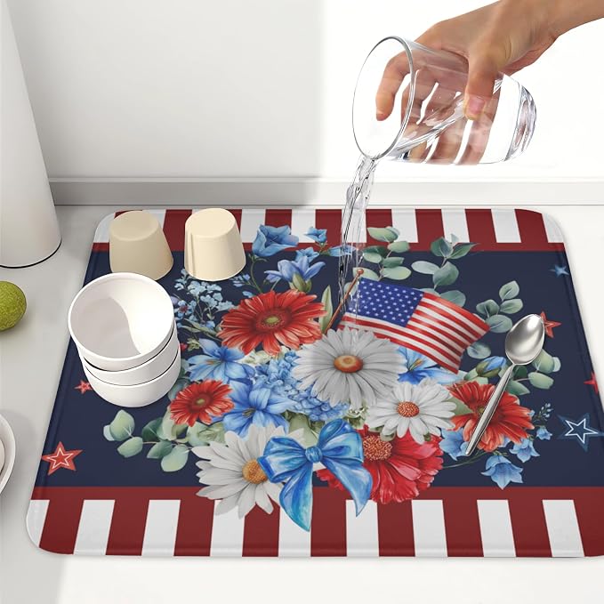 4th of July Dish Drying Mat for Kitchen Counter Patriotic Red Blue and White Floral American Flag Microfiber Dish Drainer Mat Absorbent Washable Drying Pad Extra Large 16"x18"
