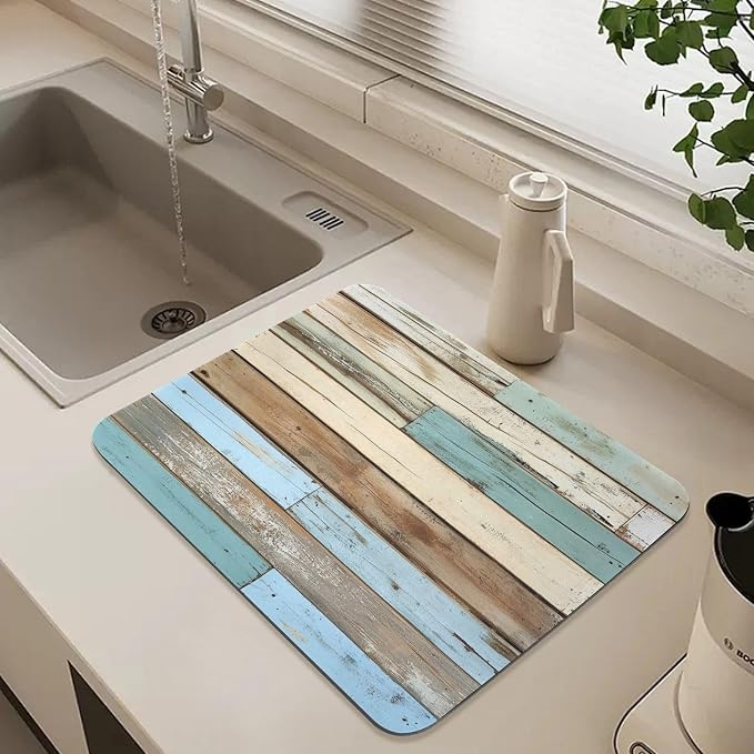 Dish Drying Mat for Kitchen Counter Wood Grain Splicing Absorbent Coffee Bar Mat Dish Drainer Rack Mat Drainer Pad Washable Foldable Ultra Absorbent Dry Mat 19.7" X 15.7"