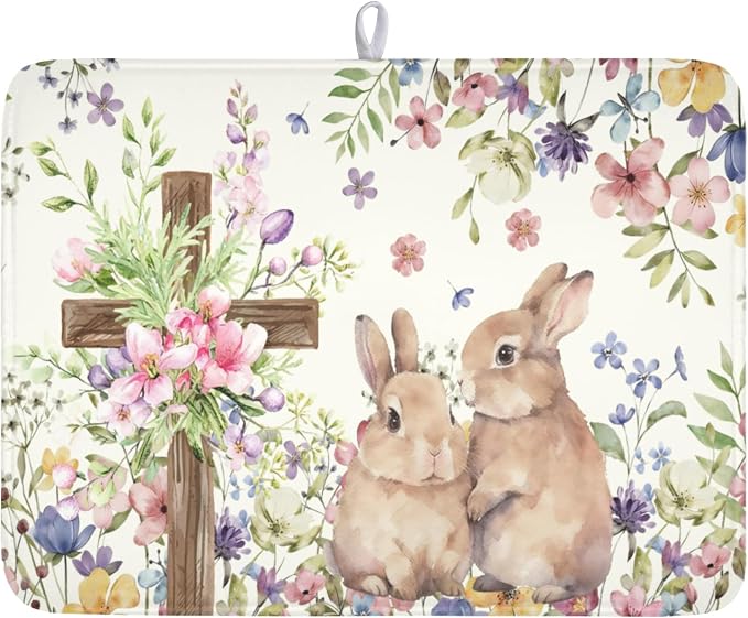 Easter Bunny Dish Drying Mat 18 x 24 Inch Rabbit Dish Drainer Rack Mat Colorful Floral Mat Absorbent Microfiber for Holiday Kitchen Coffee Dining Bar Decor