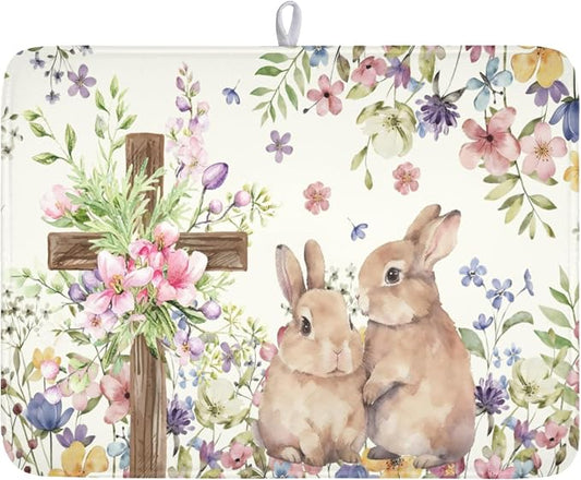 Easter Bunny Dish Drying Mat 18 x 24 Inch Rabbit Dish Drainer Rack Mat Colorful Floral Mat Absorbent Microfiber for Holiday Kitchen Coffee Dining Bar Decor