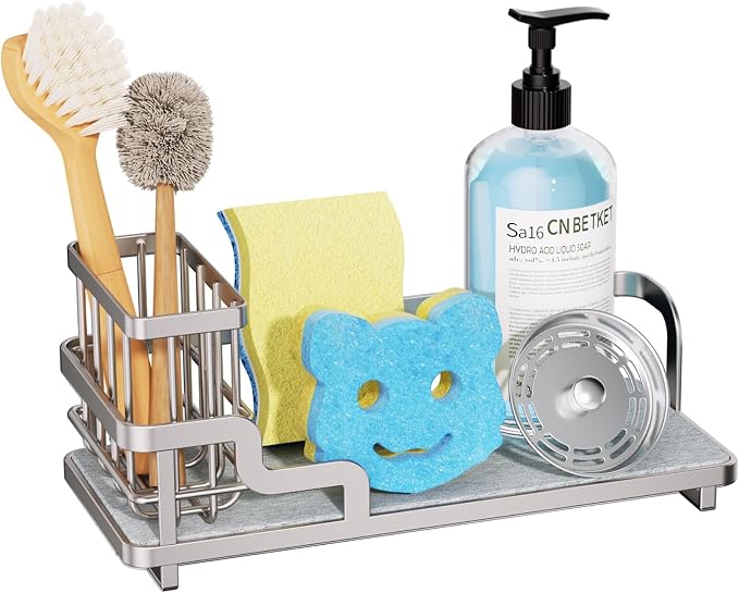 Consumest Sponge Holder for Kitchen Sink - Sink Caddy Organizer with Water Absorbing Stone Tray, Detachable Brush Holder, Stainless Steel Kitchen Counter Organizer Rack, Sand Nickel