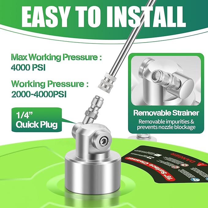 LidoDola 16'' Pressure Washer Surface Cleaner Green, Power Washer Accessory | Stainless Steel Housing with 4 Wheels, 1/4" QC, 2 Extension Wands & 2 Replacement Nozzles, for Gas & Electric Pressure Washer