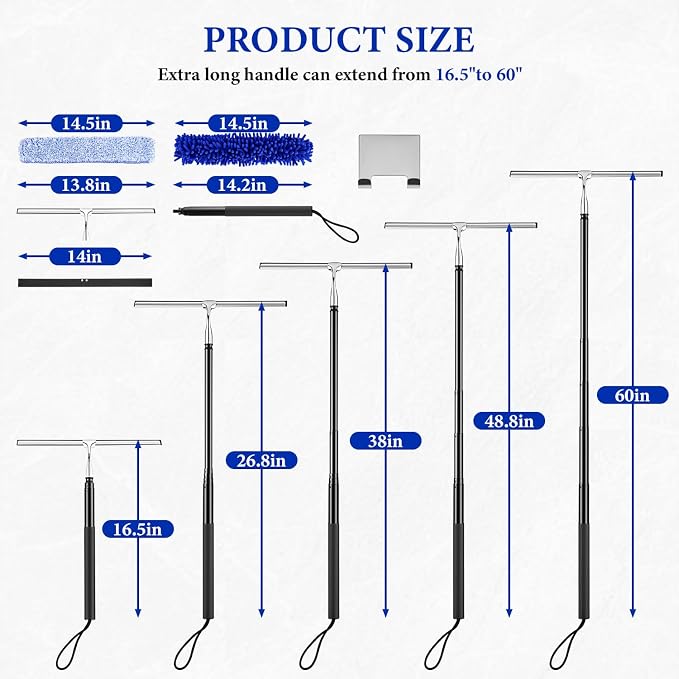 2-in-1 Window Shower Squeegee with Extension Pole for Glass Doors | Professional Window Cleaner Tool, 14" Wide Washing Equipment for High Outside Glass, Solar Panels, Shower, Car Windshield