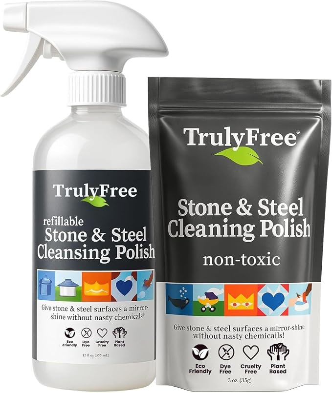 Truly Free Stone & Steel Cleansing Polish Starter Kit - Quartz, Marble, Granite, Stone Countertop, Oven, Stainless Steel Cleaner - 12oz Empty Bottle, 1 Concentrated Fill (3oz)-No Harmful Ingredients