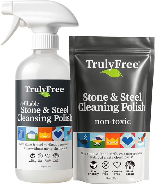 Truly Free Stone & Steel Cleansing Polish Starter Kit - Quartz, Marble, Granite, Stone Countertop, Oven, Stainless Steel Cleaner - 12oz Empty Bottle, 1 Concentrated Fill (3oz)-No Harmful Ingredients