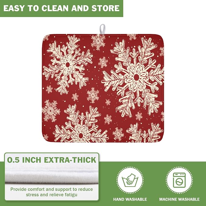 Red Christmas Dish Drying Mat for Kitchen Counter 16x18 Inch | Christmas Snowflake Dish Drainer Mat Rustic Farmhouse Xmas Holiday Absorbent Washable Drying Pad