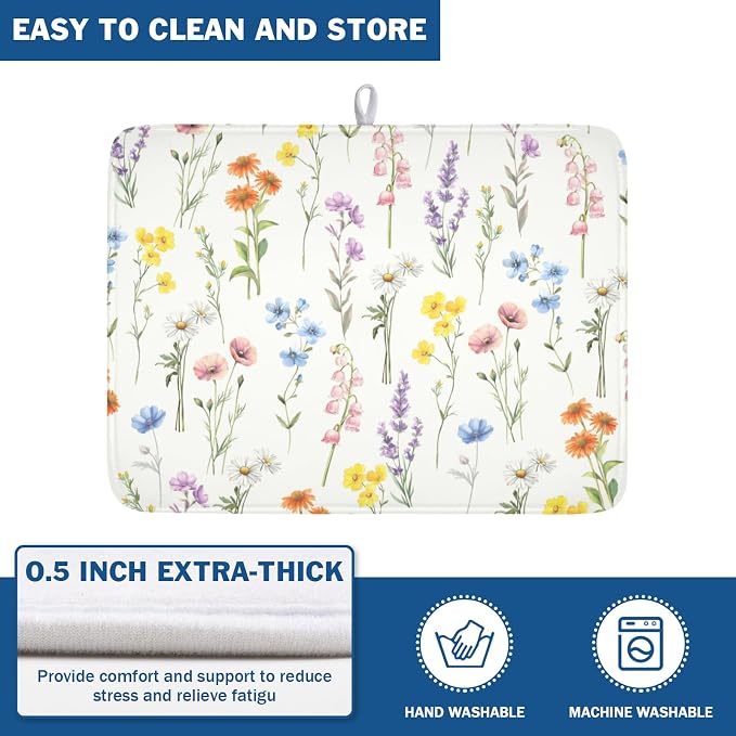 Spring Summer Colorful Floral Dish Drying Mat 18x24 Inch | Wildflower，Polyester，Absorbent Microfiber，for Kitchen Coffee Dining Bar Decor
