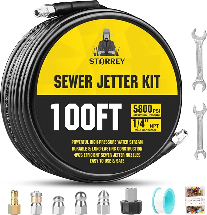 Sewer Jetter Kit for Pressure Washer 100ft 1/4 Inch NPT | Pressure Washer Drain Jetter 5800PSI Hose, 4 Different Rotating Nozzles, Adapter, Clears Clogs in Pipes & Sewer Lines
