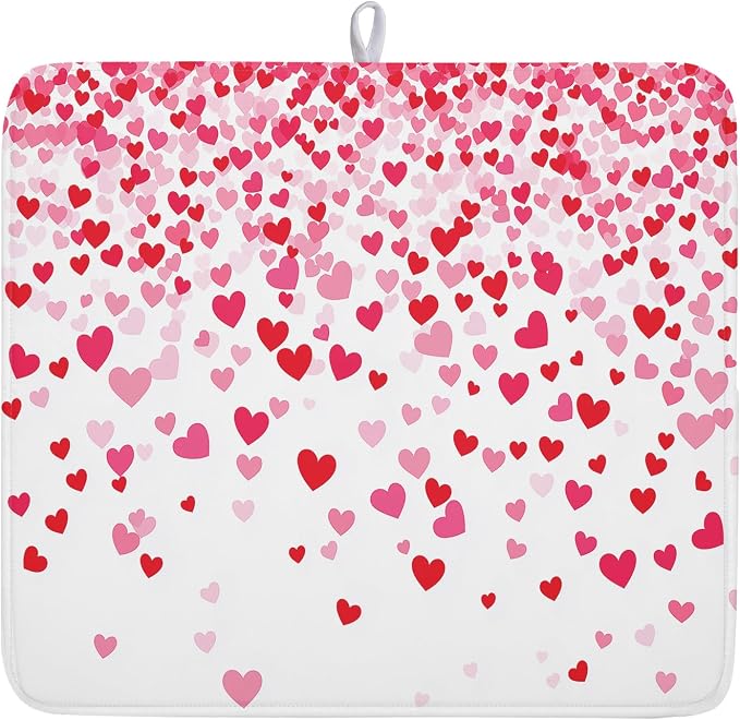 Valentine's Day Dish Drying Mat for Kitchen Counter Love Heart Kitchen Dish Drying Pad 16”x18” Absorbent Reversible Happy Valentine Dishes Drainer Pad Dish Drying Rack Mat for Countertop