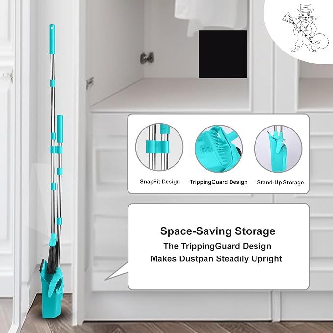 Broom and Dustpan Set for Home, 51" Long Handle Standing Dustpan Blue | Self-Cleaning Dust Pan and Brooms, ZeroGap Lip, Upright Storage Broom Combo for Kitchen Lobby Office Restaurant Indoor