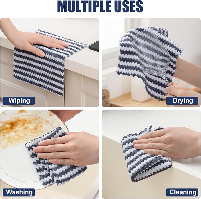 Homaxy 12 Pack Kitchen Dish Cloths, Ultra Soft and Absorbent Dish Towels, Reusable Fast Drying Microfiber Cleaning Cloth, Coral Velvet Wave Design No-lint, 7 x 9 inches, Dark Grey/Navy Blue/Beige