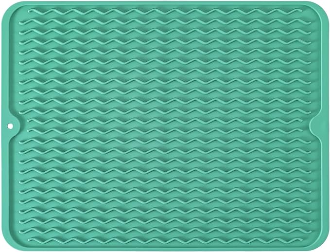Large 17" x 14" Silicone Dish Drying Mat for Kitchen Counter, Easy clean, Quick Dry, Heat-resistant Dish Drainer Mat for Sink,Refrigerator or Drawer liner (Food Grade Silicone-Green)