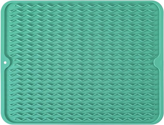 Large 17" x 14" Silicone Dish Drying Mat for Kitchen Counter, Easy clean, Quick Dry, Heat-resistant Dish Drainer Mat for Sink,Refrigerator or Drawer liner (Food Grade Silicone-Green)