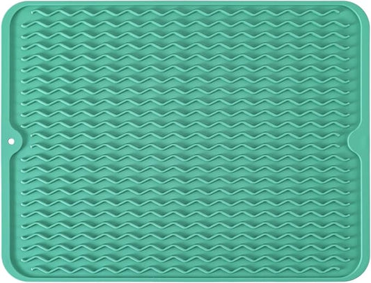 Large 14" x 11" Silicone Dish Drying Mat for Kitchen Counter, Easy clean, Quick Dry, Heat-resistant Dish Drainer Mat for Sink,Refrigerator or Drawer liner (Food Grade Silicone-Green)