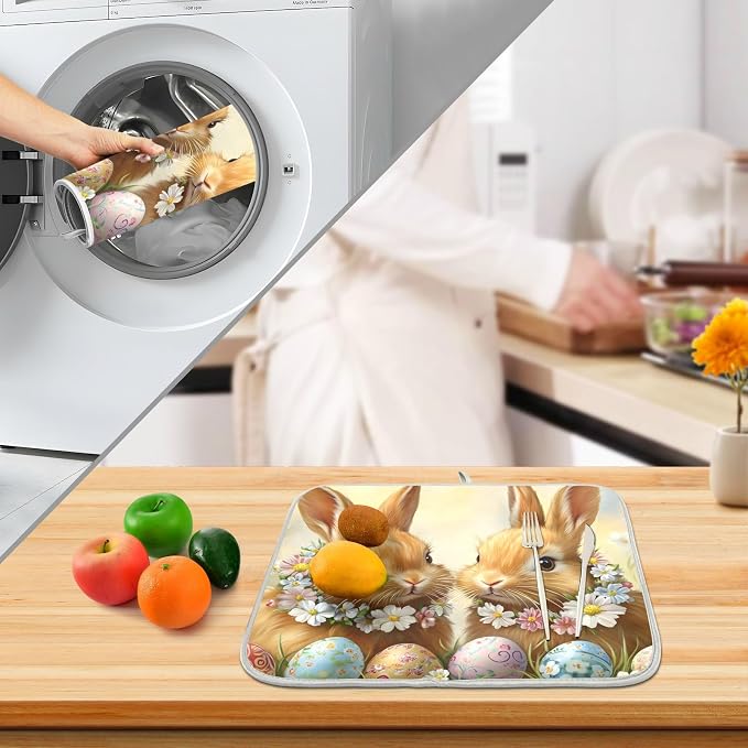 Cute Rabbit Bunny Easter Eggs Dish Drying Mat for Kitchen Counter Absorbent Microfiber Small Drying Pad Dish Mats for Kitchen Countertops 16 x 18 Inch