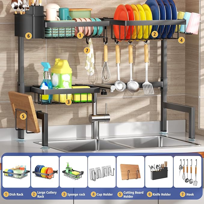 SNSLXH 2-Tier Over The Sink Dish Drying Rack, Kitchen Large Dish Drying Rack Over The Sink, Suitable for Most Sinks, Effective Dish Drying, Kitchen Drying Rack（26.57"-35"）