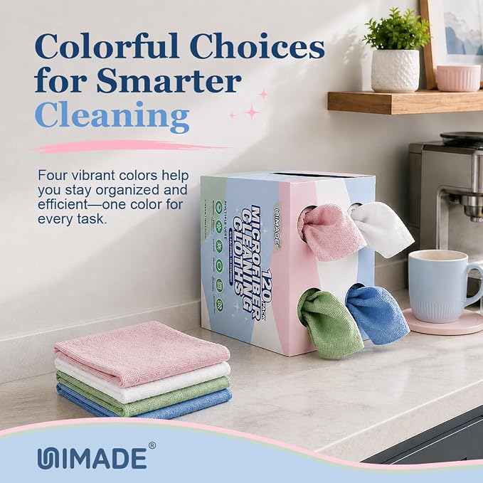 UNIMADE Microfiber Cleaning Cloth, 120 Pack Reusable Paper Towels Microfiber Towels for Cars Lint Free Shop Rags with for Home Kitchen Automotive, 11"x 9", White & Green & Blue & Pink