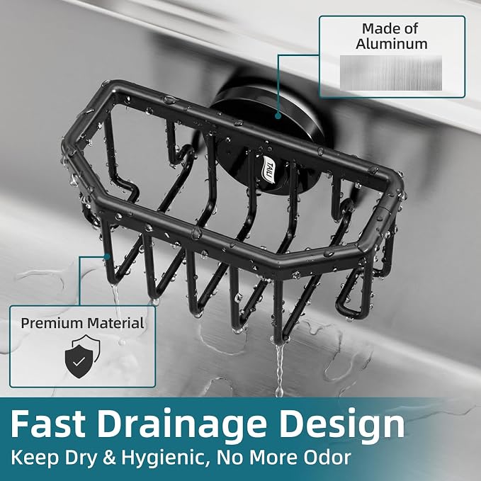 TAILI Sink Caddy with Strong Suction Cup, Sponge Holder for Kitchen Sink Organizer, Removable Sponge Caddy Inside Sink, Rustproof Aluminum Holder for Sponges, Brushes - Black