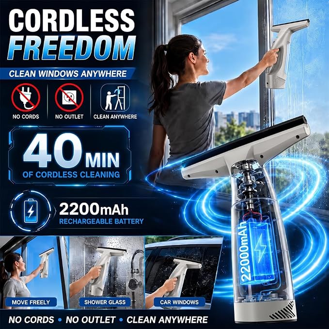 GARYOG Window Vacuum Squeegee Cordless,Electric Window Cleaner Kit with 31-40" Extendable Pole,2000Pa, 2200mAh,150ml Tank,2 Squeegee Blades for Shower Glass,Mirrors,Car,Tiles.