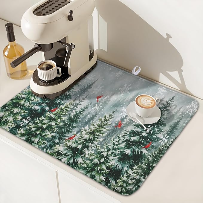 Winter Forest Snowflake Dish Drying Mat for Kitchen Counter 16"x18" | Christmas Green Pine Trees Birds Dish Drainer Mat Rustic Winter Holiday Absorbent Washable Drying Pad