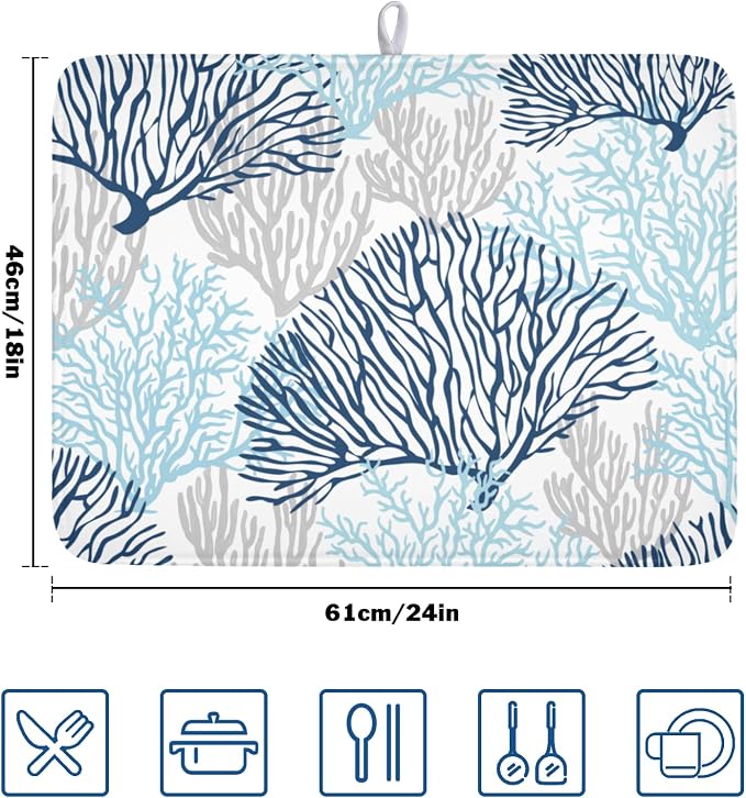 Beach Theme Dish Drying Mat for Kitchen Counter 18x24 Inch | Blue Coral，Polyester，Absorbent Microfiber，for Coffee Dining Decor