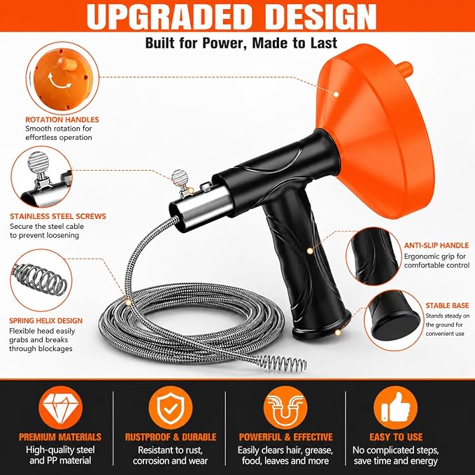 33 Feet Drain Snake Auger, Plumbing Snake Drain Hair Clog Removal Tool, Sink Unclogger Drain, Heavy Duty Drum Auger, Cleaner Tool for Bathroom Kitchen Tub Shower Drain Clog Remover with Gloves，Orange