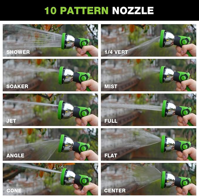 Besiter Garden Hose Nozzle, Hose Sprayer Nozzle with 10 Spray Patterns, Thumb Control On Off Valve, High Pressure Metal Water Hose Nozzle for Car Wash, Plants, Pets & Outdoor Cleaning, Green