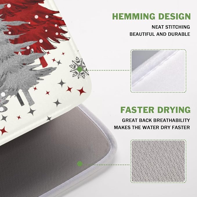 Christmas Gray Red Tree Dish Drying Mat 16x18 Inch Xmas Snowflake | Winter，Polyester，Absorbent Microfiber，for Kitchen Coffee Dining Bar Decor