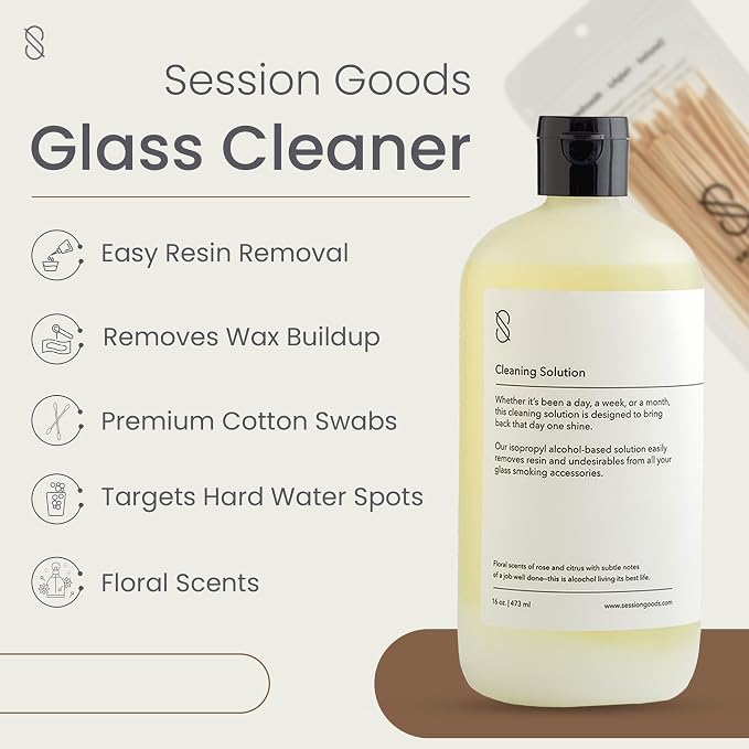 Session Goods Glass Cleaning Solution 16Oz Scented with Cotton Swabs | Glass Pipe Cleaner, Water Pipe Cleaner Cleans Metal, Silicone, Ceramic & Resin Remover, Destroy Wax, Oil & Stinky Debris