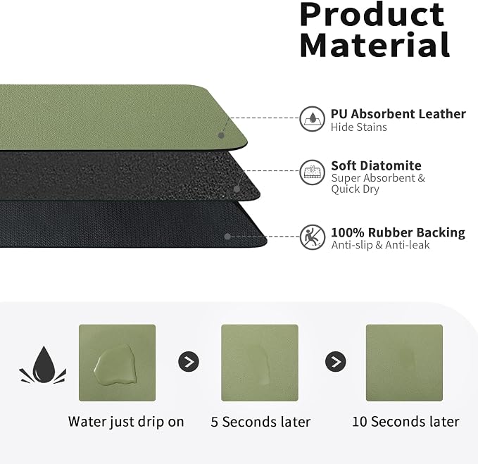 HotLive Dish Drying Mat for Kitchen Counter, Heat Resistant Drainer Mats with Non-slip Rubber Backed, Hide Stain Kitchen Super Absorbent Draining Mat, Easy to Clean Dish Rack Pad, Green 18"x32"