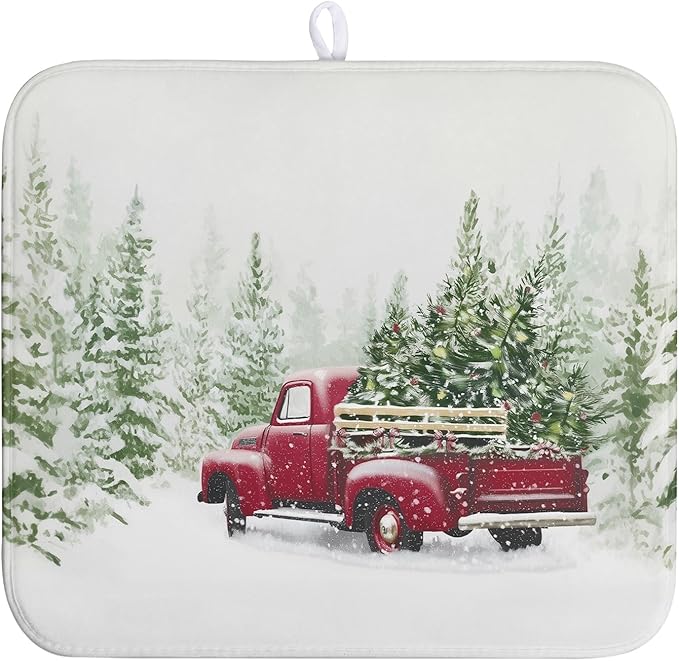 Christmas Dish Drying Mat Red Truck Xmas Tree Drying Mats for Kitchen Counter Winter Holiday Dishes Drainer Mats Absorbent Microfiber Dish Draining Pad Extra 16x18 Inch