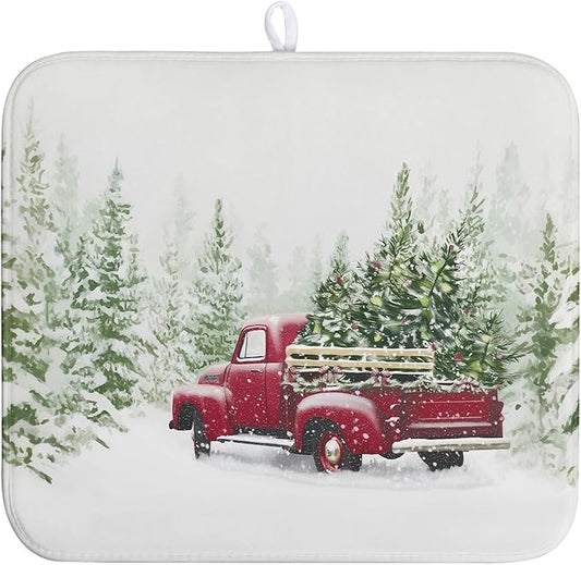 Christmas Dish Drying Mat Red Truck Xmas Tree Drying Mats for Kitchen Counter Winter Holiday Dishes Drainer Mats Absorbent Microfiber Dish Draining Pad Extra 16x18 Inch